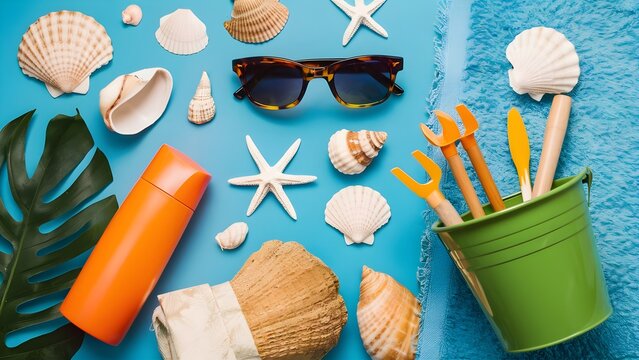flat lay image of essential items for a summer vacation at the beach, featuring sunscreen, seashells, starfish, stylish sunglasses, a yellow sand bucket with toy beach tools
