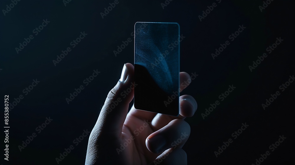 Poster closeup image of hand and digital identification card or digital id on black background technology c