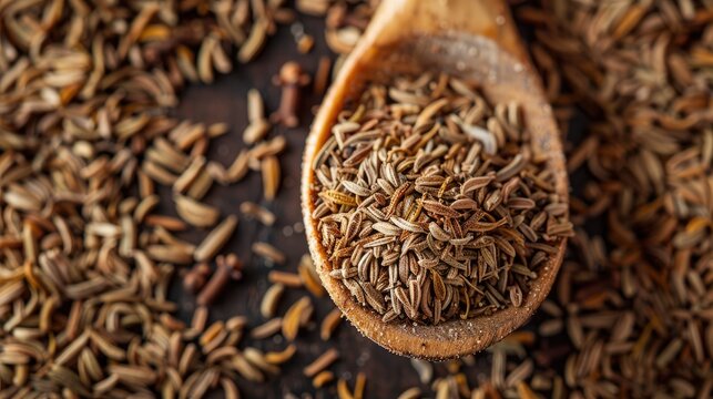 Close up of ground cumin on a wooden spoon from above Background of food