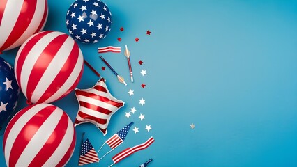 Fototapeta premium patriotic banner for the 4th of July with red, white, and blue decorations in the corners and a blank space in the center, 4th of July, USA Presidents Day, Independence Day concept, flat lay