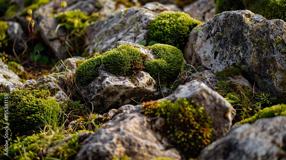 Aufkleber pattern green moss grown up cover the rough stones and on the floor in the forest show with macro vi