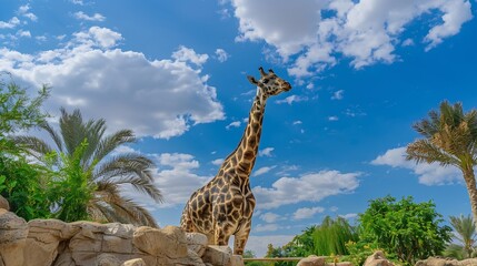 Giraffe Al Ain Zoo natural beauty animals scenery Great Views blue sky and clouds trees and plant flowers Green background wallpaper HD natural environment earth winning New picture tr : Generative AI