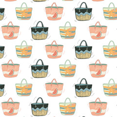 Seamless pattern of beach bags with a large starfish on a striped background, a slice of watermelon, waves and abstract elements