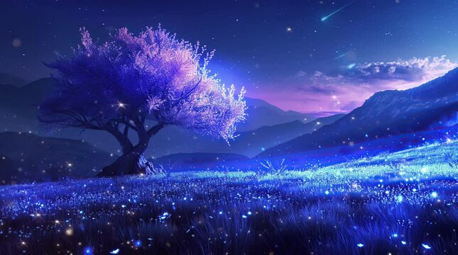 Enchanting glowing blue and purple grassland with a towering tree under the night sky
Seamless looping 4k time-lapse virtual video animation background. Generated AI