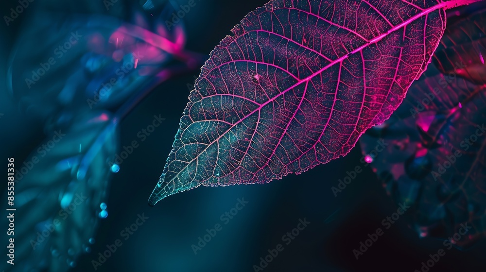 Aufkleber close up beautiful faded old leaf in neon light minimalism retro style concept 80s background patter