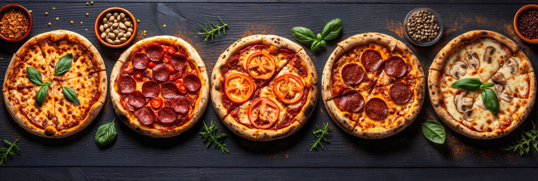 Five different types of pizzas arranged in a line, photographed from a zenithal angle, showing different toppings and crusts.