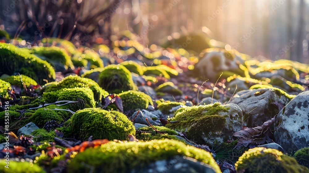 Poster beautiful bright green moss grown up cover the rough stones and on the floor in the forest show with