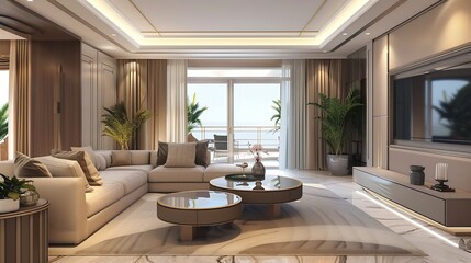 Fototapeta premium Living room lounge area in luxury apartment show home showing interior design decor furnishing with balcony terrace : Generative AI
