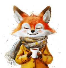 
Cute smiling fox in a yellow coat and scarf holding a cup of coffee, flat color with a white background in