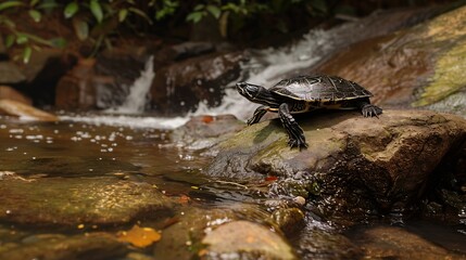 Rare and Critically endangered PooLoo Turtle or Bigheaded turtle Platysternon megacephalum on the rocks in the waterfall stream in its habitat the natural forest of northern Thailand : Generative AI