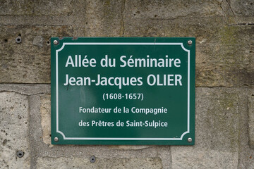 Obraz premium typical vintage parisian street name sign , Allée du séminaire Jean-Jacques Olier 