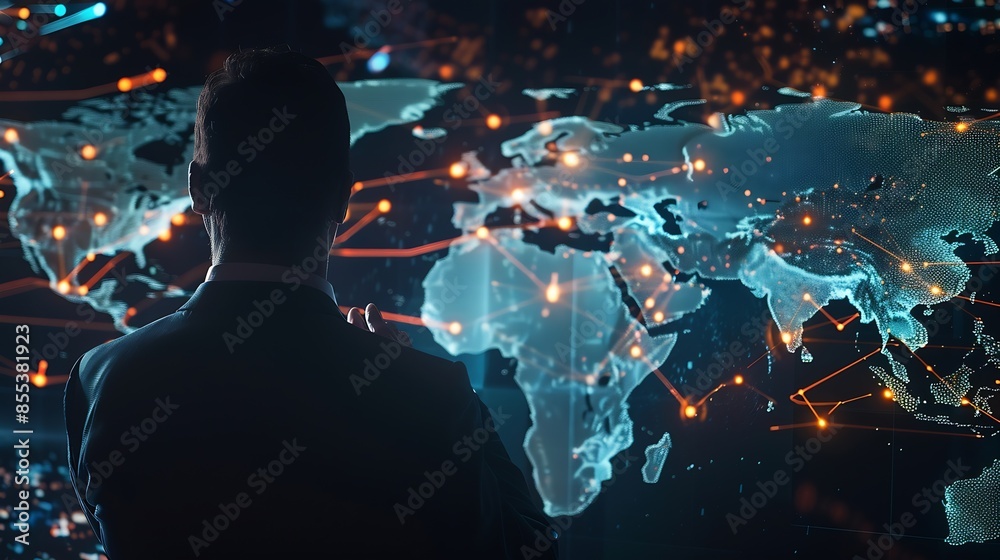 Aufkleber Tech driven Global Business Businessman embraces technology as he analyzes big data for business intelligence composition of world map digital links emphasizes interconnectedness of gl : Generative AI
