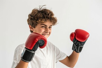 The smiling teenager, wearing a white T-shirt and boxing gloves, is striking on the right side of his body against a white background