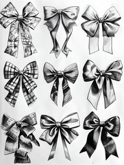 set of black and white bows on white background