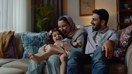 Middle Eastern Parents Having Fun With Their Little Daughter At Home Arabic Mom And Dad Tickling Female Kid And Laughing Together In Living Room Enjoying Domestic Leisure Copy Space : Generative AI