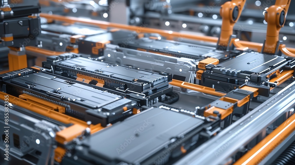 Poster Modern EV Factory On Automated Production Line Robot Arms Transporting Automotive Battery Modules onto Conveyor Belt Electric Car Battery Pack Manufacturing Process : Generative AI
