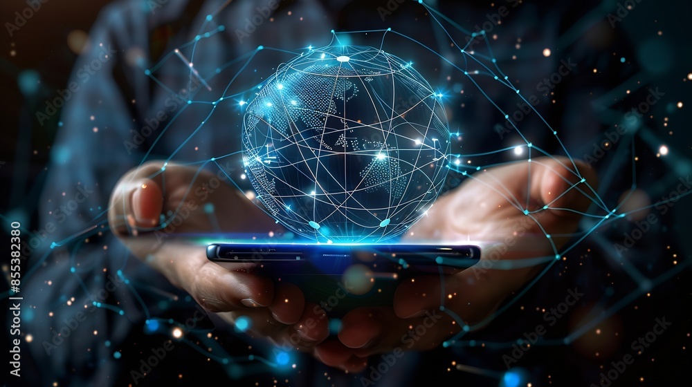 Aufkleber businessman holding smartphone with virtual global internet connection global internet connection ap