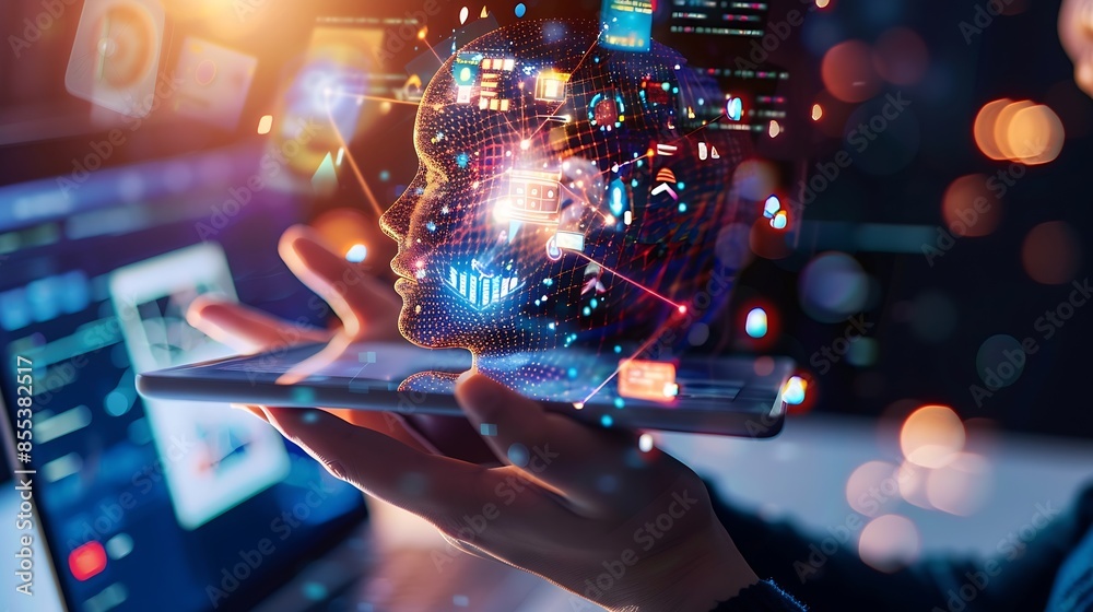 Poster Elearning technology webinar online education and training to develop new skills and knowledge AIenhanced learning with personalized courses Remote learning on internet Virtual screen : Generative AI