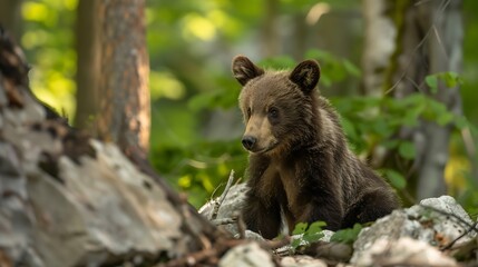 European brown bear Ursus arctos arctos young animal in the forest Notranjska region Dinaric Alps Slovenia : Generative AI