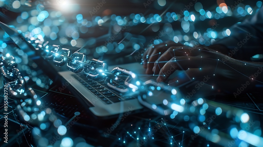 Fototapete Blockchain technology transaction concept Businessman use laptop on blockchain global networking data network connect Internet cyber security binary coded Crypto chain blockchain techn : Generative AI