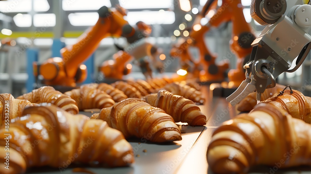 Leinwandbilder Mechanical robots take semifinished products from conveyor belt and put them into containers Mechanical robots replacing human labor in factory Mechanical robots in mass production Fre : Generative AI