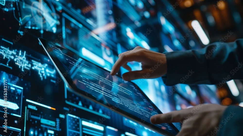 Aufkleber Software engineer using digital tablet with cyber security network computer code on virtual screen interface Data science machine learning of artificial intelligence digital software d : Generative AI
