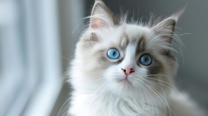 A fluffy blue-eyed cat lies on a sofa in a bright room. Close-up portrait of the animal looking into the camera.