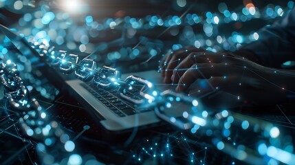 Blockchain technology transaction concept Businessman use laptop on blockchain global networking data network connect Internet cyber security binary coded Crypto chain blockchain techn : Generative AI