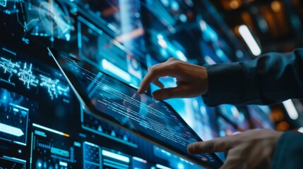 Software engineer using digital tablet with cyber security network computer code on virtual screen interface Data science machine learning of artificial intelligence digital software d : Generative AI