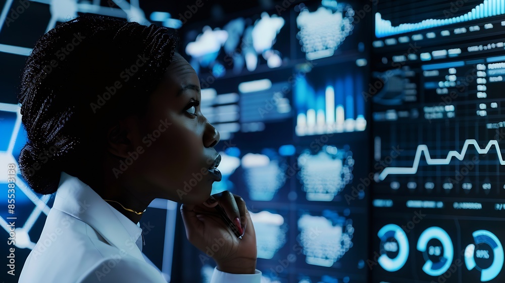 Poster black woman working in office and futuristic graphical user interface concept ict information commun