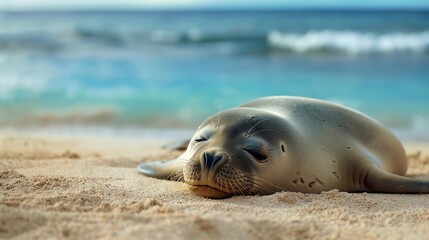 Fototapeta premium Monk seal sleeping on sandy beach near ocean : Generative AI