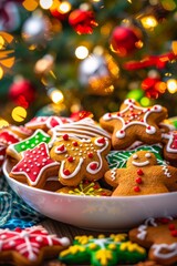 Festively decorated gingerbread cookies on plate with focus on colorful icing, minimalist style