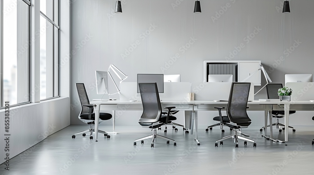 Aufkleber modern office interior with sleek chairs and minimalist desks creates a bright and uncluttered works