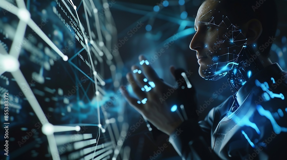 Fototapete Ai tech businessman show virtual graphic Global Internet connect robot Chat with AI Artificial Intelligence Using command prompt for generates something Futuristic technology transform : Generative AI