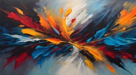 Obraz premium A painting of a colorful explosion with red, yellow, and blue splatters