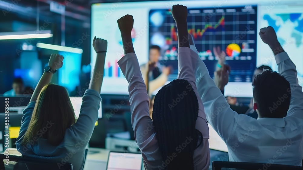 Poster business people celebrate after successful presentation or meeting on data analysis display on tv sc