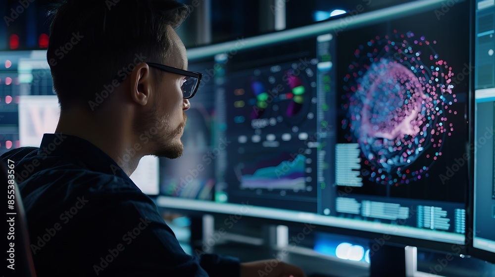 Poster Data analytics and insights powered by big data and artificial intelligence technologies Data scientist working with complex information analysed by AI for business analytics dashboard : Generative AI
