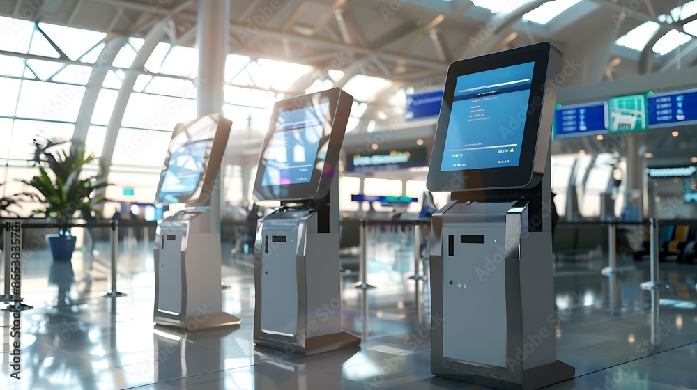 Poster Three touch display kiosks in a row at  airport : Generative AI