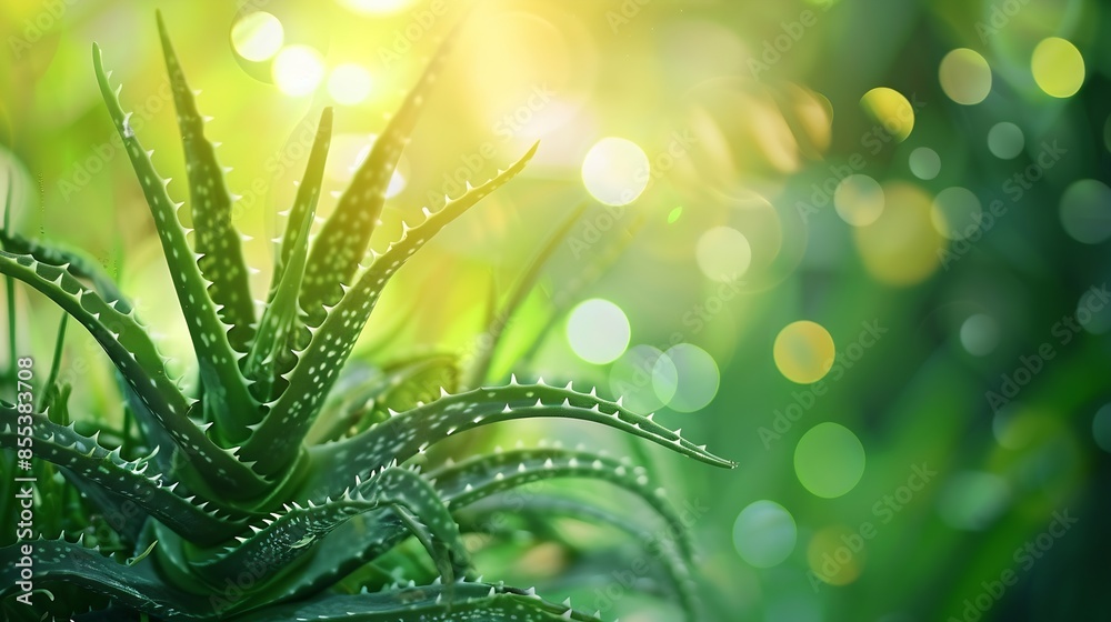 Poster Aloe Vera isolate on bokeh background Macro detailed image tree leaf : Generative AI