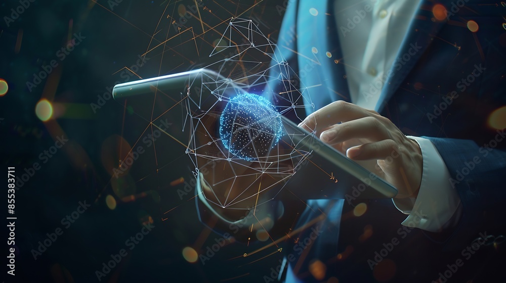 Poster Internet technology global business concept Businessman using digital tablet with global network connection on social networking and customer data analytics Business strategy and digit : Generative AI