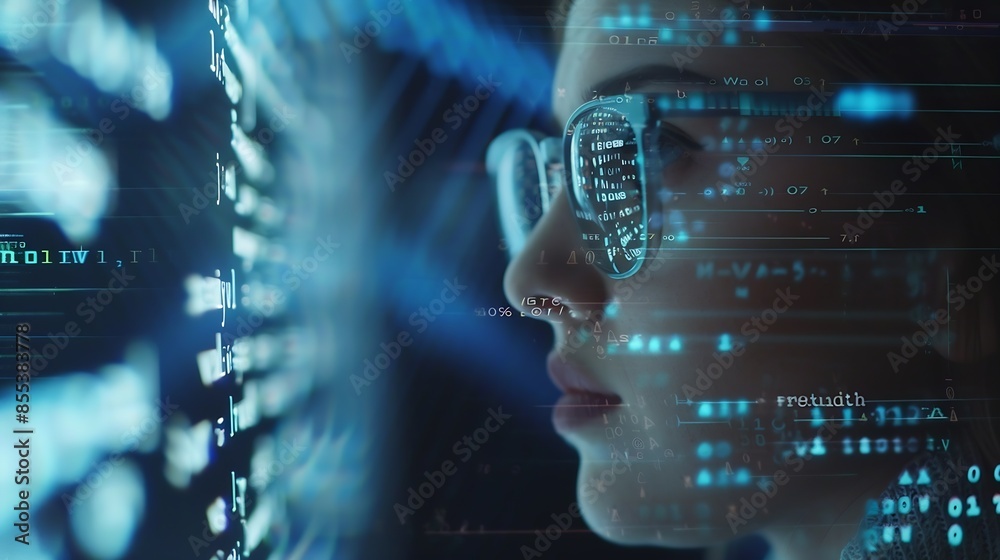 Fototapete Software coding hologram and woman in data analytics information technology and gdpr overlay Programmer or IT person in glasses reading script programming and cybersecurity research on : Generative AI