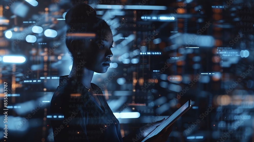 Fototapete Black woman with tablet erp data hologram and innovation research and programming in future information technology Futuristic network analytics and developer for startup business websi : Generative AI
