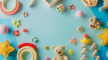 Baby kids toy frame background Teddy bear colorful wooden educational sensory sorting and stacking toys for children on light blue background Top view flat lay : Generative AI