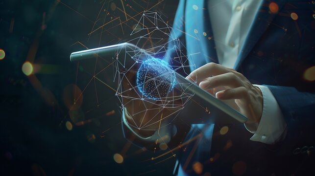Internet technology global business concept Businessman using digital tablet with global network connection on social networking and customer data analytics Business strategy and digit : Generative AI