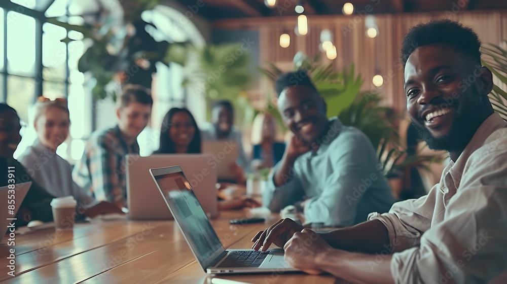 Aufkleber Colleagues in a modern office collaborate on a project Business professionals use laptops at a table The diverse teams happy smiles showcase teamwork Perfect for startups and entrepren : Generative AI