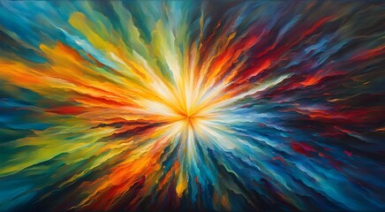 Obraz premium A painting of a colorful explosion with a bright yellow sun in the center