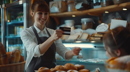 Happy female baker receiving contactless payment through credit card from customer at bakery : Generative AI - Powered by Adobe