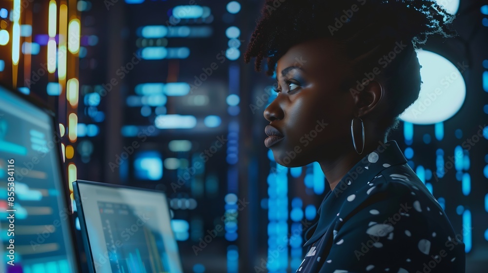Poster Black woman working in office and communication network concept ICT Information Communication Technology Cloud computing System engineering : Generative AI