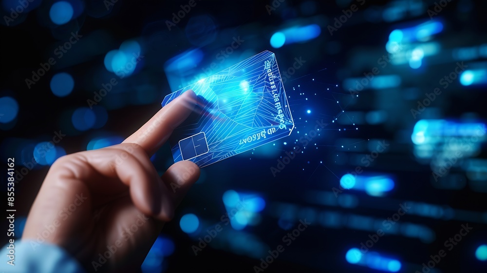Aufkleber closeup image of hand and digital identification card or digital id on black background technology c