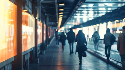 Group of people walking in public bridged walkway in station with blurred colorful digital signage advertisement board on passage in modern city at daylight : Generative AI